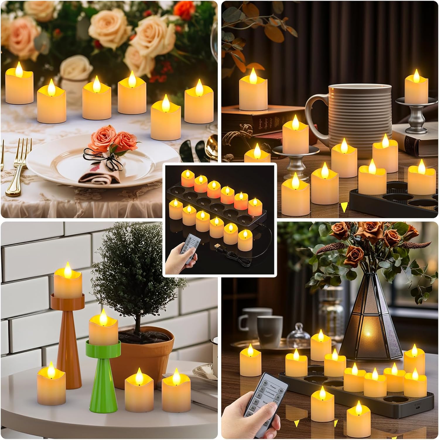 Set 12 lumanari LED reincarcabile cu statie de incarcare si telecomanda, efect de flacara, temporizator, 4 moduri luminare, 5 niveluri luminozitate, pentru Halloween, Craciun, nunta, petrecere