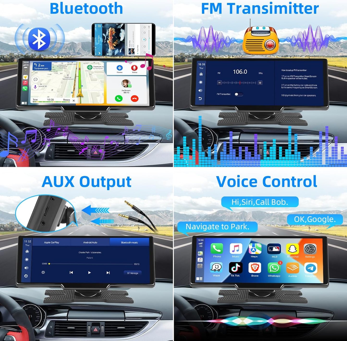 Navigatie auto, Multimedia 9, 3 inch cu camera de bord, control prin Apple CarPlay si Android Auto, cu touchscreen, Bluetooth, Transmitator FM, control vocal, split-screen, inregistrare in bucla, 7-32 V