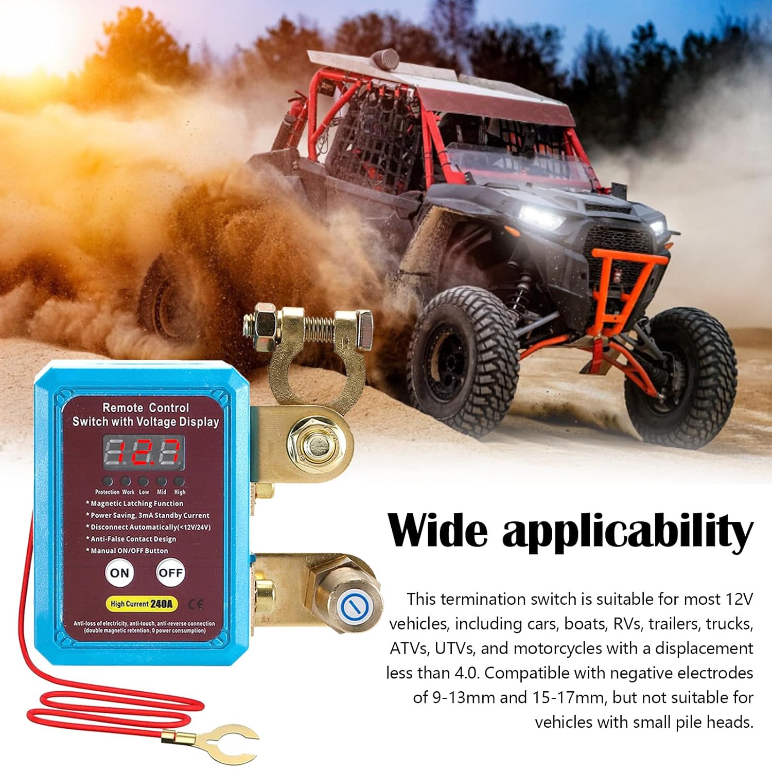 Izolator baterie auto, comutator de deconectare 12/24V 240A, cu 2 telecomenzi wireless, display, monitorizare tensiune, oprire automata, intrerupator baterie pentru masina, barca, autovehicule, rulota, ATV, camion