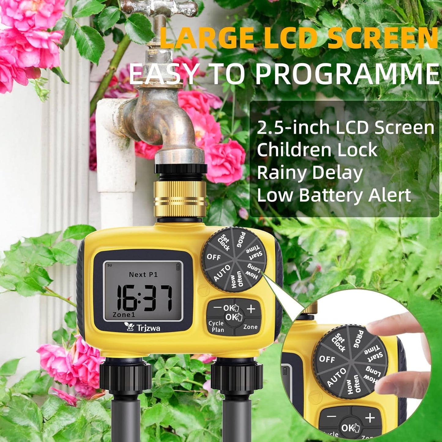 Programator irigare automat cu 2 iesiri, temporizator udare digital LCD, intrare din alama, impermeabil IP55, programare zilnica si saptamanala, pentru gradina, gazon si sera