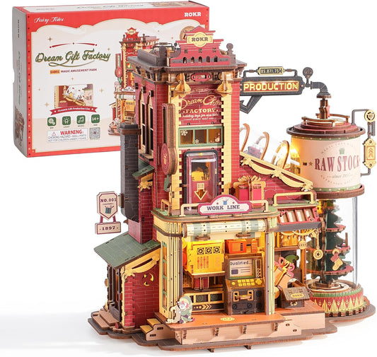 Puzzle 3D din lemn mecanic ROKR EAB01, 449 piese, model DIY interactiv pentru adulti sau copii, cu lumini LED si muzica, fabrica de jucarii in miniatura, decor vintage nordic