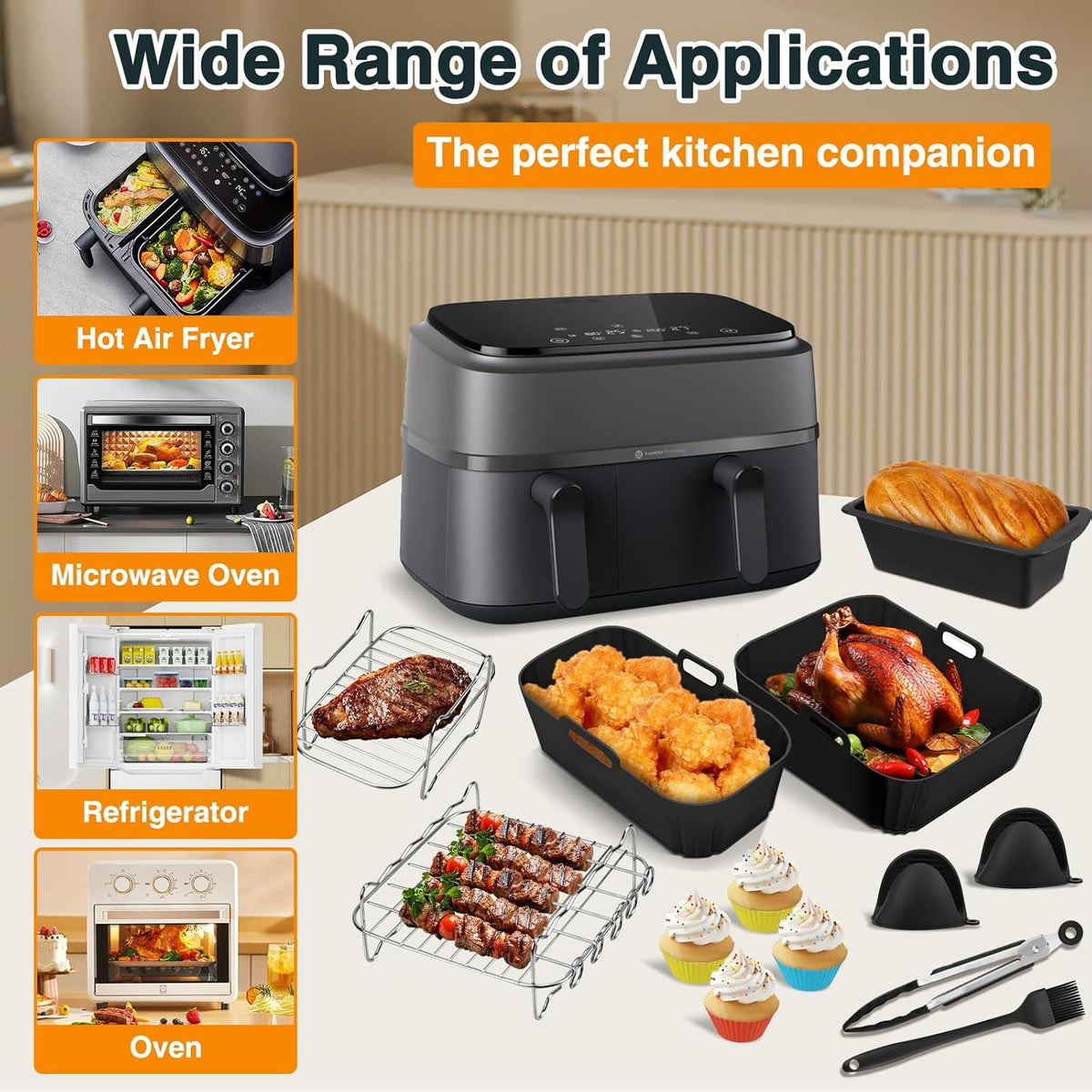 Set 27 accesorii pentru friteuza cu aer cald Philips Dual Basket Airfryer 3000/5000 series (6L/3L), tavi silicon, gratare inox, multicolor