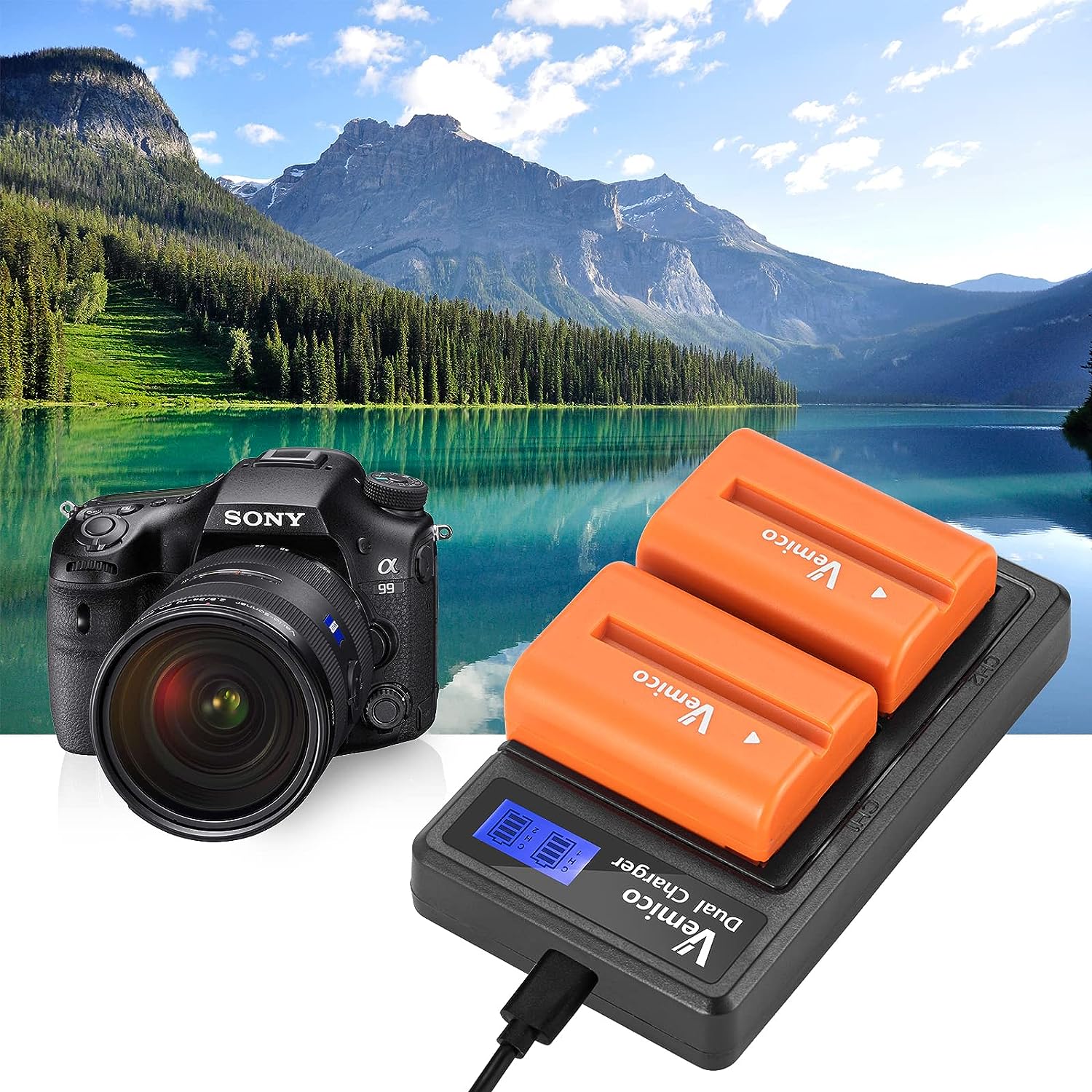 Set 2 acumulatori NP-FM500H 2000 mAh si incarcator dublu cu display LCD, pentru Sony Alpha A57, A58, A65, A65V, A68, A77, A77V, A99, A99 II, A100, A200 A300, A300K, A300X, A350, A450, A50, A550 A560, A580, A700, A700K, A700P, A700Z, A850, A900