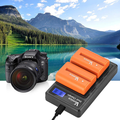 Set 2 acumulatori NP-FM500H 2000 mAh si incarcator dublu cu display LCD, pentru Sony Alpha A57, A58, A65, A65V, A68, A77, A77V, A99, A99 II, A100, A200 A300, A300K, A300X, A350, A450, A50, A550 A560, A580, A700, A700K, A700P, A700Z, A850, A900