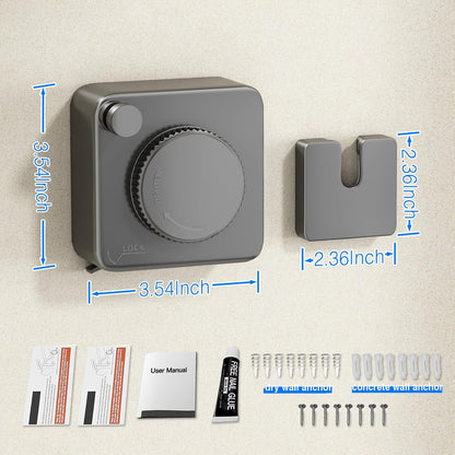 Sarma retractabila uscare rufe KD Home® FlexiCord 4.5m otel, suport 20kg, sistem tensionare reglabil, montaj cu suruburi sau adeziv, pentru interior, baie si balcon, gri, economisire spatiu