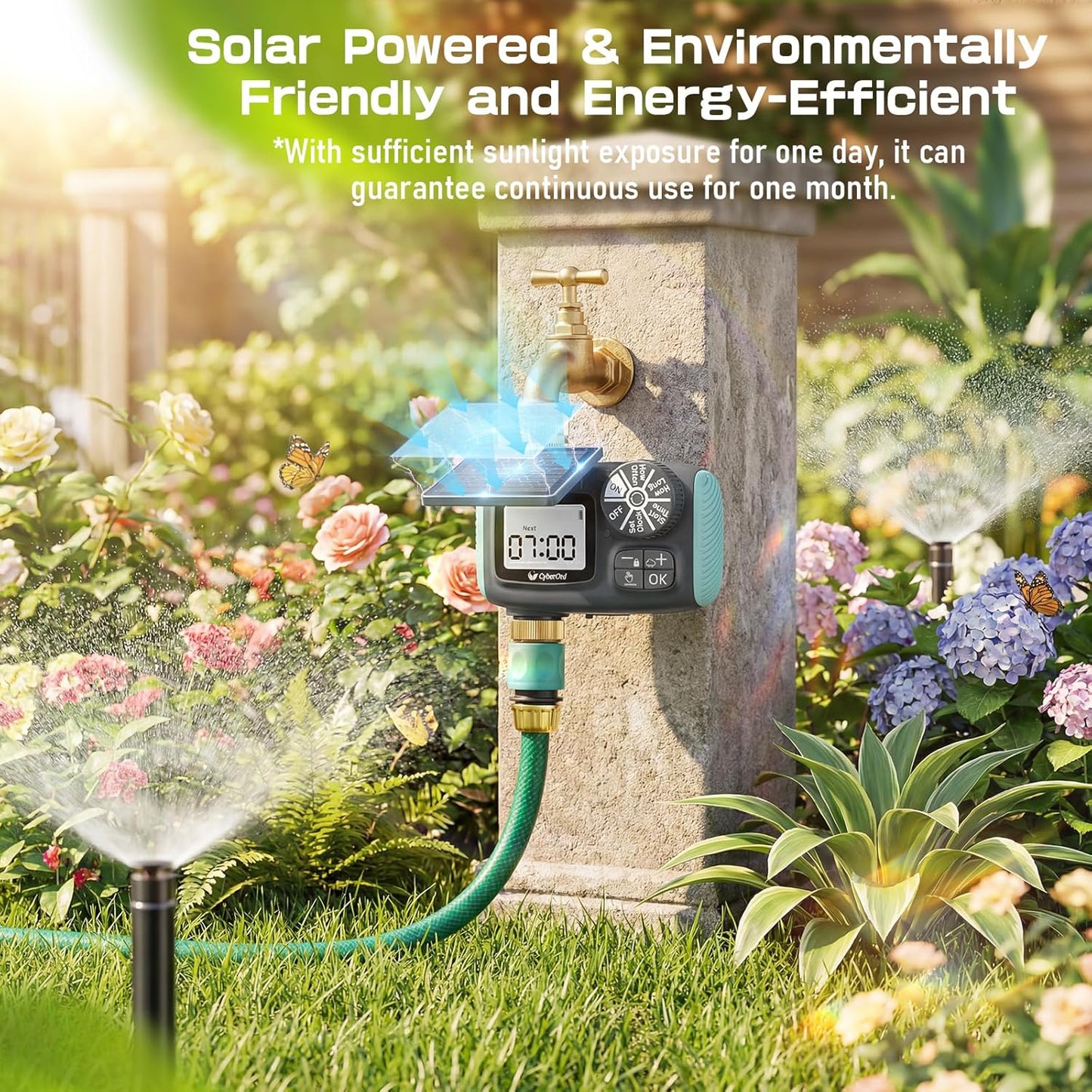 Computer de irigatii solar CyberOrd, temporizator automat cu afisaj LCD, programare zilnica/saptamanala, intarziere ploaie 24/48/72h, mod manual si automat, incarcare USB-C, pentru gradina si gazon