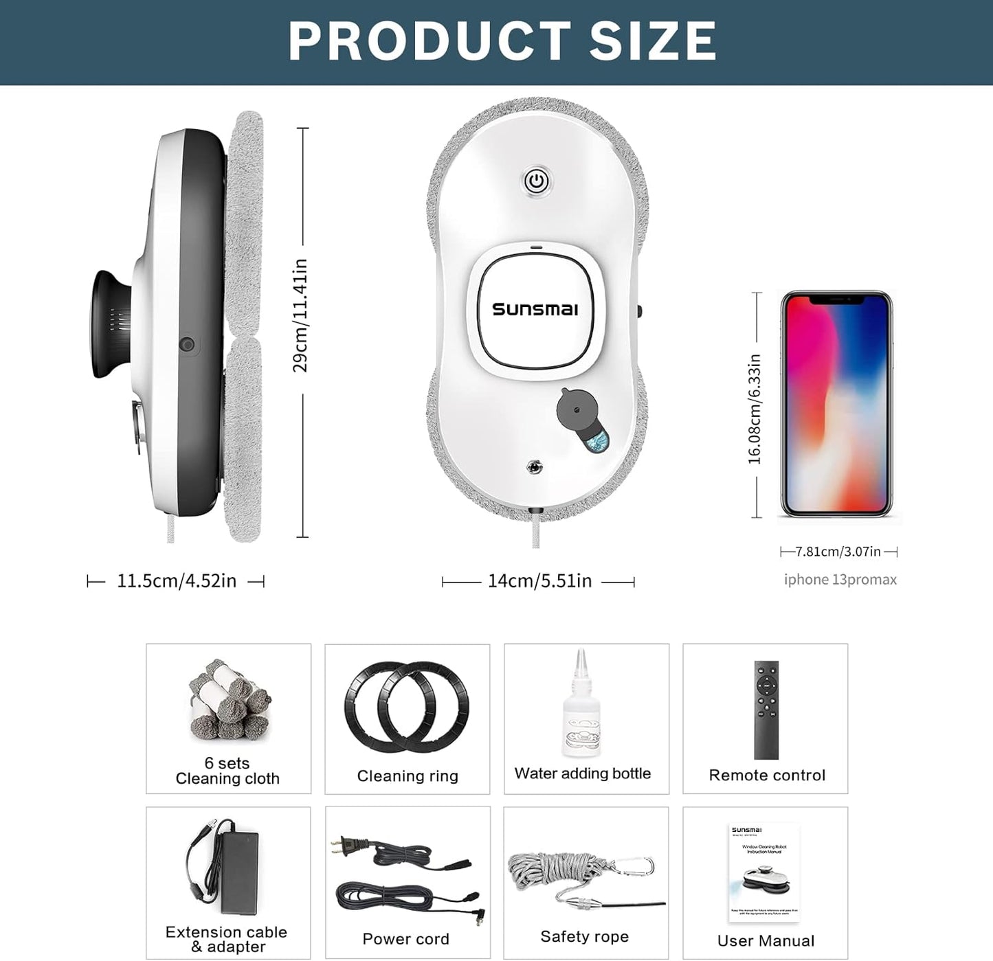 Robot curatare geamuri cu pulverizator, cu telecomanda si control prin aplicatie, 6 lavete de rezerva, putere suctiune 2500 Pa, UPS incorporat, cablu de 4 m, cu fir de siguranta, alb