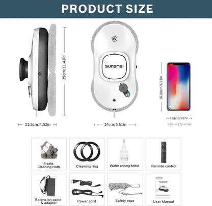Robot curatare geamuri cu pulverizator, cu telecomanda si control prin aplicatie, 6 lavete de rezerva, putere suctiune 2500 Pa, UPS incorporat, cablu de 4 m, cu fir de siguranta, alb