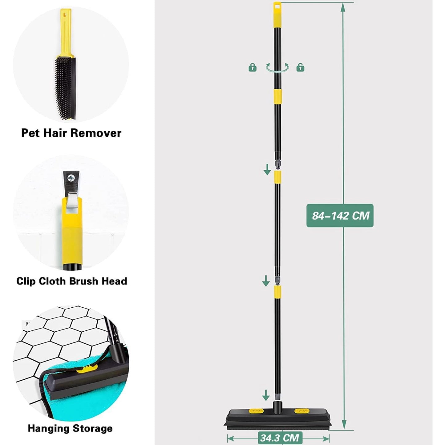 Matura cu racleta pentru par animale, peri din cauciuc electrostatic, 34 cm latime, cu maner telescopic, perie de mana inclusa, indepartarea parului de pisici, caini, utilizare interior si exterior