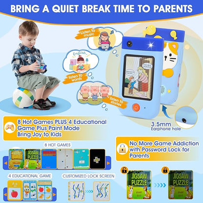 Camera digitala pentru copii 48MP, cu lentila rotativa la 180°, card de 32 GB, ecran LCD 2.8 inch, player MP3, echipata cu functii educationale in limba Engleza, jucarie tip telefon mobil pentru copii de la 3 la 8 ani