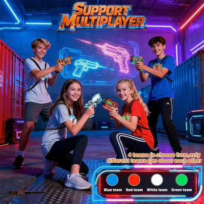 Set pistol Laser Tag VATOS, 4 arme cu infrarosu 2.4GHz + 4 veste cu senzori 360°, display LCD, 4 moduri de tragere, reincarcabil USB, sincronizare automata, raza 40m, joc interactiv pentru copii si familie
