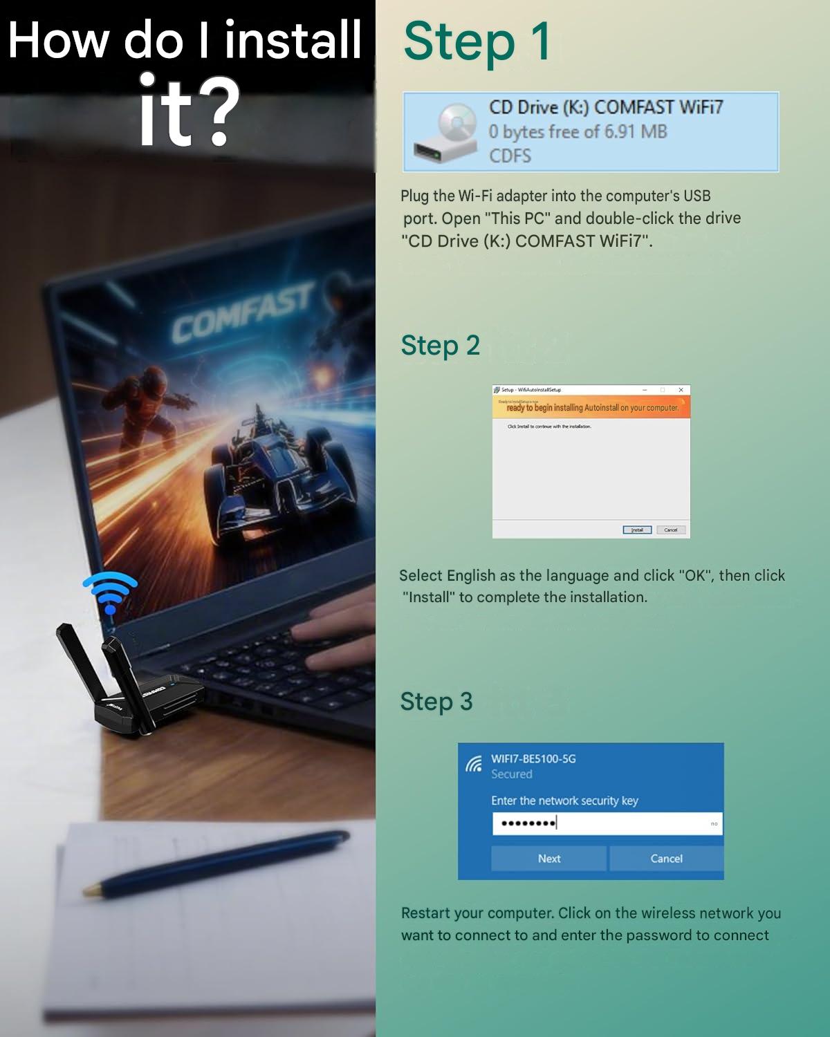 Stick WLAN USB COMFAST CF-983BE-1 WiFi 7, adaptor Wireless BE6500, viteza pana la 6500 Mbps, Tri-Band 2.4GHz/5GHz/6GHz, interfata USB, compatibil Windows 10/11, pentru Laptop si Desktop PC, negru