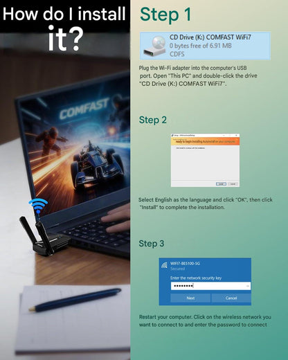 Stick WLAN USB COMFAST CF-983BE-1 WiFi 7, adaptor Wireless BE6500, viteza pana la 6500 Mbps, Tri-Band 2.4GHz/5GHz/6GHz, interfata USB, compatibil Windows 10/11, pentru Laptop si Desktop PC, negru