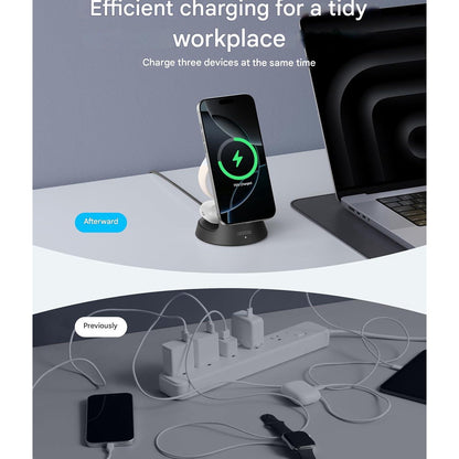 Incarcator wireless 3 in 1, QI2, incarcare rapida 15 W, prindere magnetica cu unghi ajustabil, compatibil iPhone 16/15/14/13/12, Apple Watch, AirPods Pro