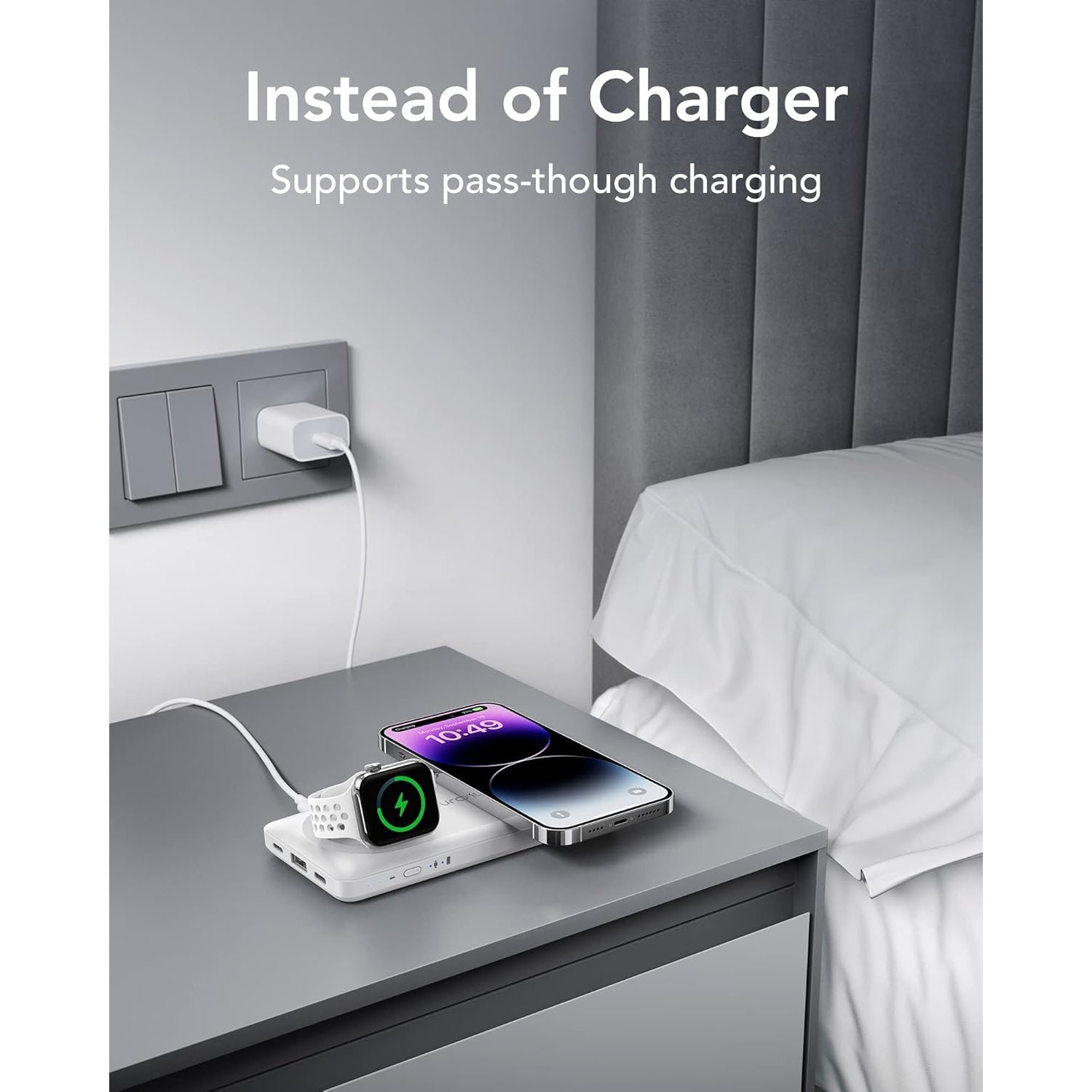 Baterie externa wireless, Powerbank magnetic de 10000 mAh, 3 in 1, pentru smartwatch si telefon mobil, incarcare rapida 20W, compatibil iPhone, Apple Watch, Samsung, alb