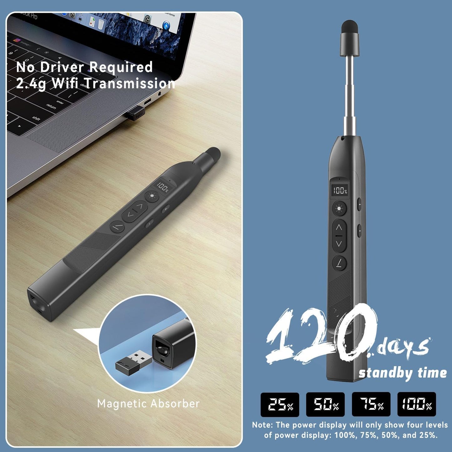 Presenter wireless, laser de prezentare cu pointer extensibil 45 cm, scriere pe ecran tactil, reincarcabil, functie timer cu vibratie, lumina rosie reglabila pe 3 niveluri, compatibil Windows, Mac, Linux, Android