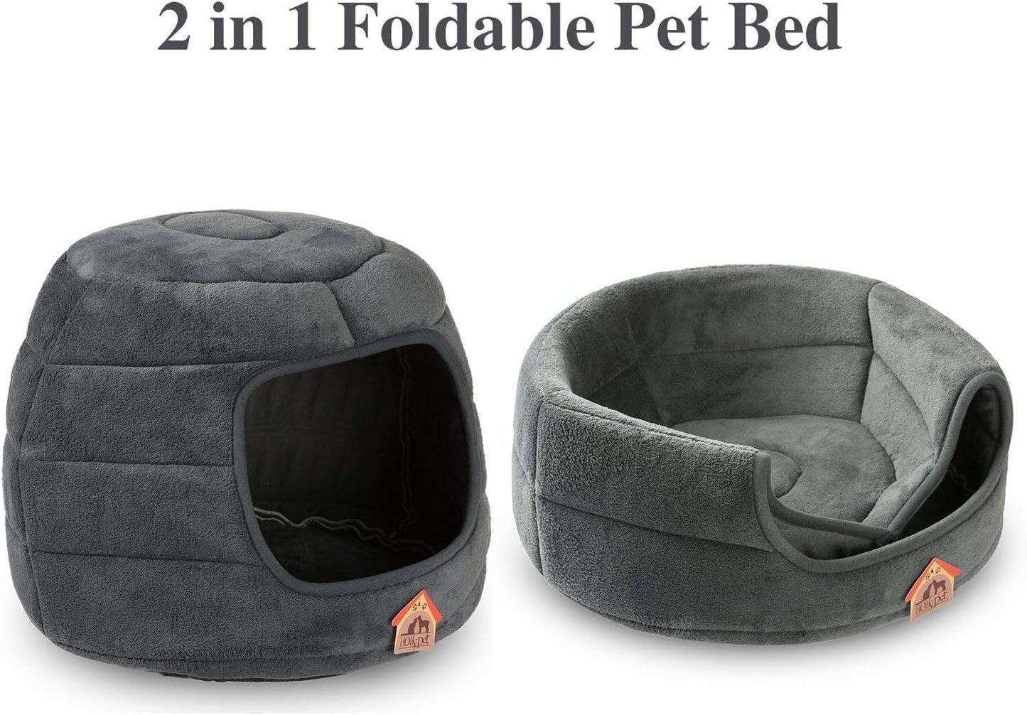 Patut caini si pisici 2 in 1, culcus pliabil pentru animale de companie mici, forma casuta si pat, din bumbac si tesatura de catifea, gri, marimea S