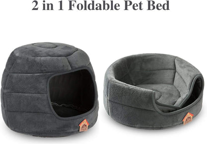 Patut caini si pisici 2 in 1, culcus pliabil pentru animale de companie mici, forma casuta si pat, din bumbac si tesatura de catifea, gri, marimea S