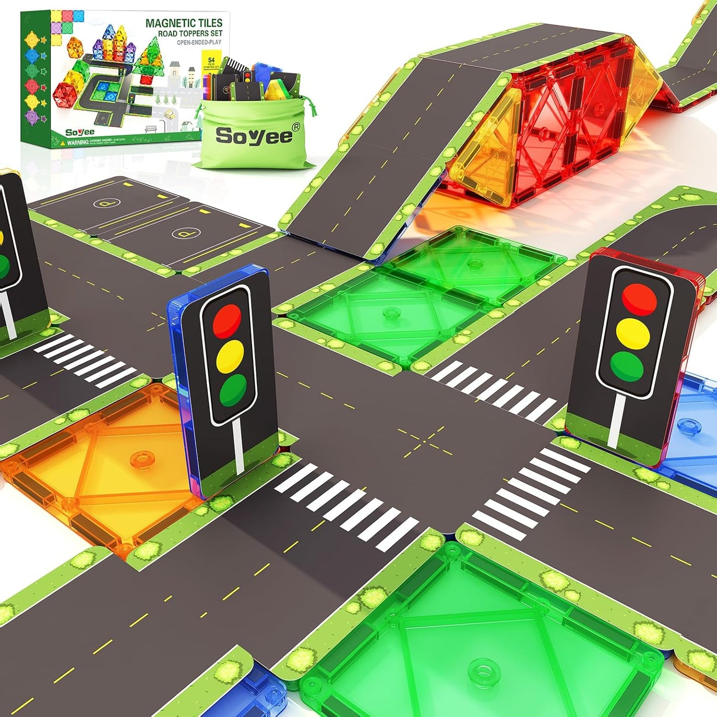 Set de constructie magnetic 3D, Road Toppers, 56 piese, Magnetic Tiles, jucarie educativa si creativa, multicolora, compatibil cu alte seturi 3D, pentru copii +3 ani