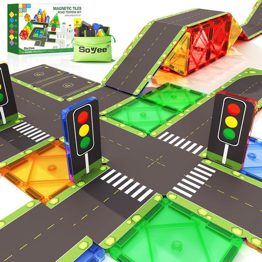 Set de constructie magnetic 3D, Road Toppers, 56 piese, Magnetic Tiles, jucarie educativa si creativa, multicolora, compatibil cu alte seturi 3D, pentru copii +3 ani