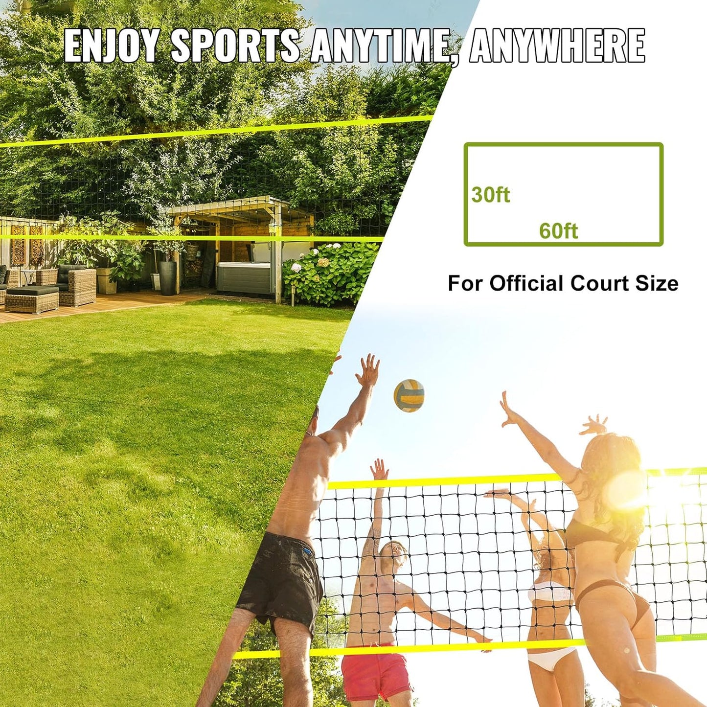 Set fileu volei, plasa pentru volleyball/badminton 9.7m x 2.4m, inaltime reglabila, material impermeabil, cu stalpi metalici, minge de volei, pompa si geanta de depozitare si transport incluse