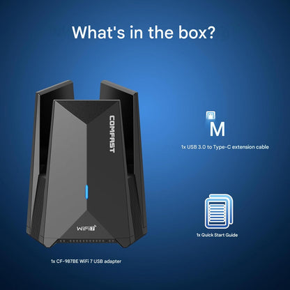 Adaptor USB WiFi 7 COMFAST 6500Mbps, Stick WLAN Tri-Band cu USB 3.0, MU-MIMO, OFDMA si WPA3, Dongle Wireless Plug & Play fara Driver pentru PC si Laptop cu Windows 10/11, cu antena integrata, negru