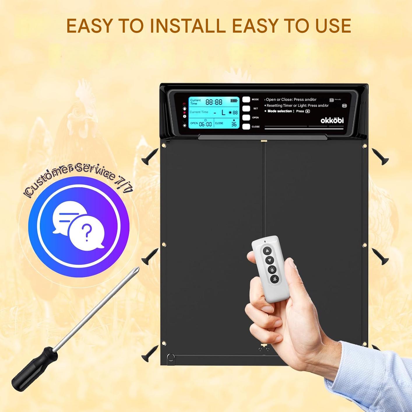 Usa automata inteligenta pentru cotet gaini Okkobi XL, alimentare solara + USB-C, telecomanda, senzor lumina si temporizator, ecran LCD, sistem anti-prindere, deschidere 28, 7x22, 1 cm, rezistenta extreme -20°C/+60°C, negru