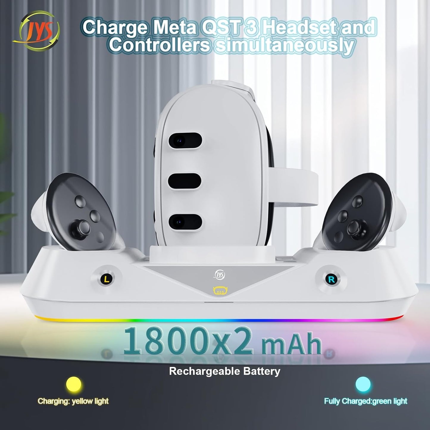Statie de incarcare compatibila VR Meta Quest 3, pentru ochelari si controlere, cu lumini LED RGB, 2 acumulatori 1800 mAh si accesorii, alba