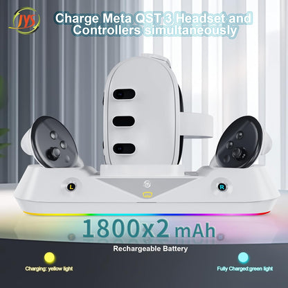 Statie de incarcare compatibila VR Meta Quest 3, pentru ochelari si controlere, cu lumini LED RGB, 2 acumulatori 1800 mAh si accesorii, alba