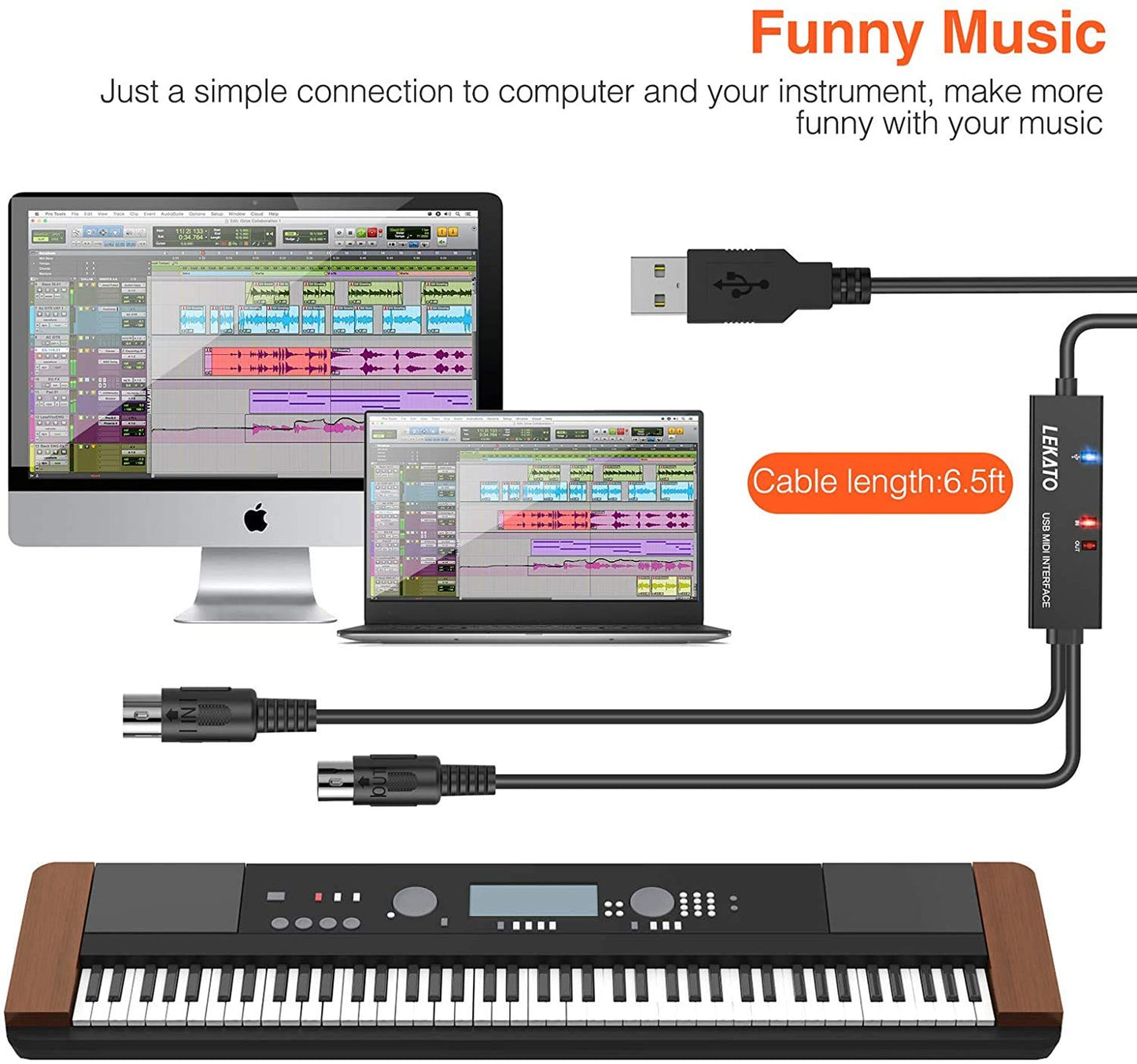 Cablu adaptor USB la MIDI IN-OUT, cu indicator LED, compatibil cu tastatura muzicala, orga, chitara, tobe, mixere, pentru PC / laptop/MAC, 2m