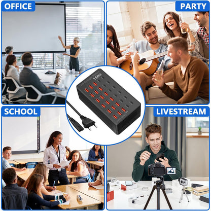 Statie de incarcare USB 150W, 30 porturi 12x USB-C + 18x USB-A, PD 30W si QC 18W, tehnologie GaN, incarcare simultana pentru telefoane, tablete, casti si smartwatch, cablu alimentare 1.5m, negru