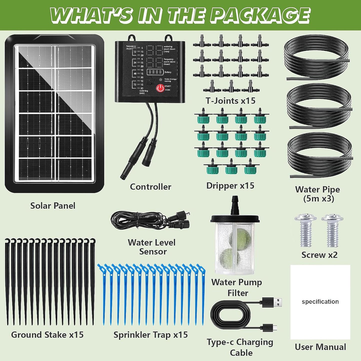 Kit sistem de irigare prin picurare solar automat, cu panou solar, 15 picuratoare, 15 m de furtun, senzor nivel apa, 12 moduri irigare, incarcare duala USB-C/solar, indicator nivel baterie, impermeabil IP65