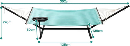 Hamac cu suport metalic, cadru din otel, din bumbac, 350 x 120x 74 cm, ajustabil, cu tavita si perna, greutate suportata 136 kg, usor de asamblat, pentru adulti si copii
