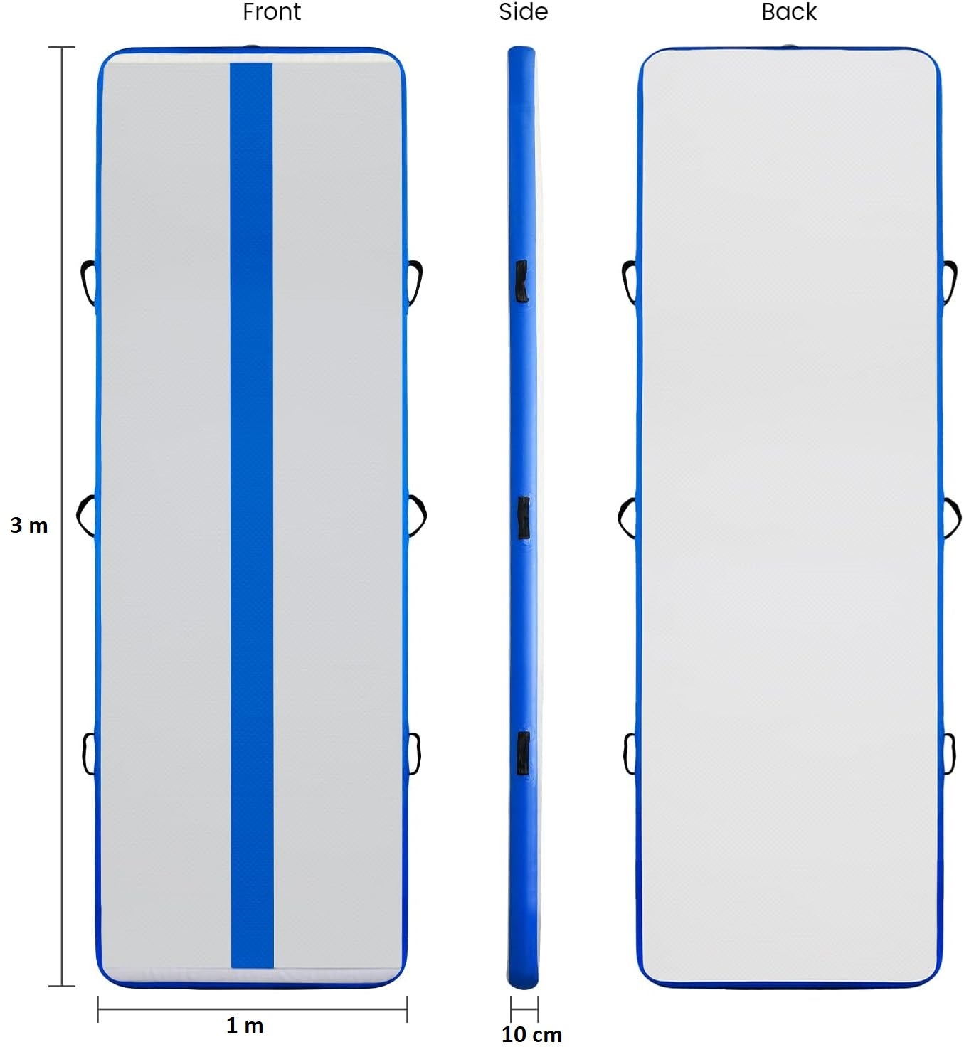 Saltea pentru antrenament gimnastica, gonflabila, 300 x 100 x 10 cm, din PVC, rezistent UV, cu pompa electrica si geanta de transport, albastra