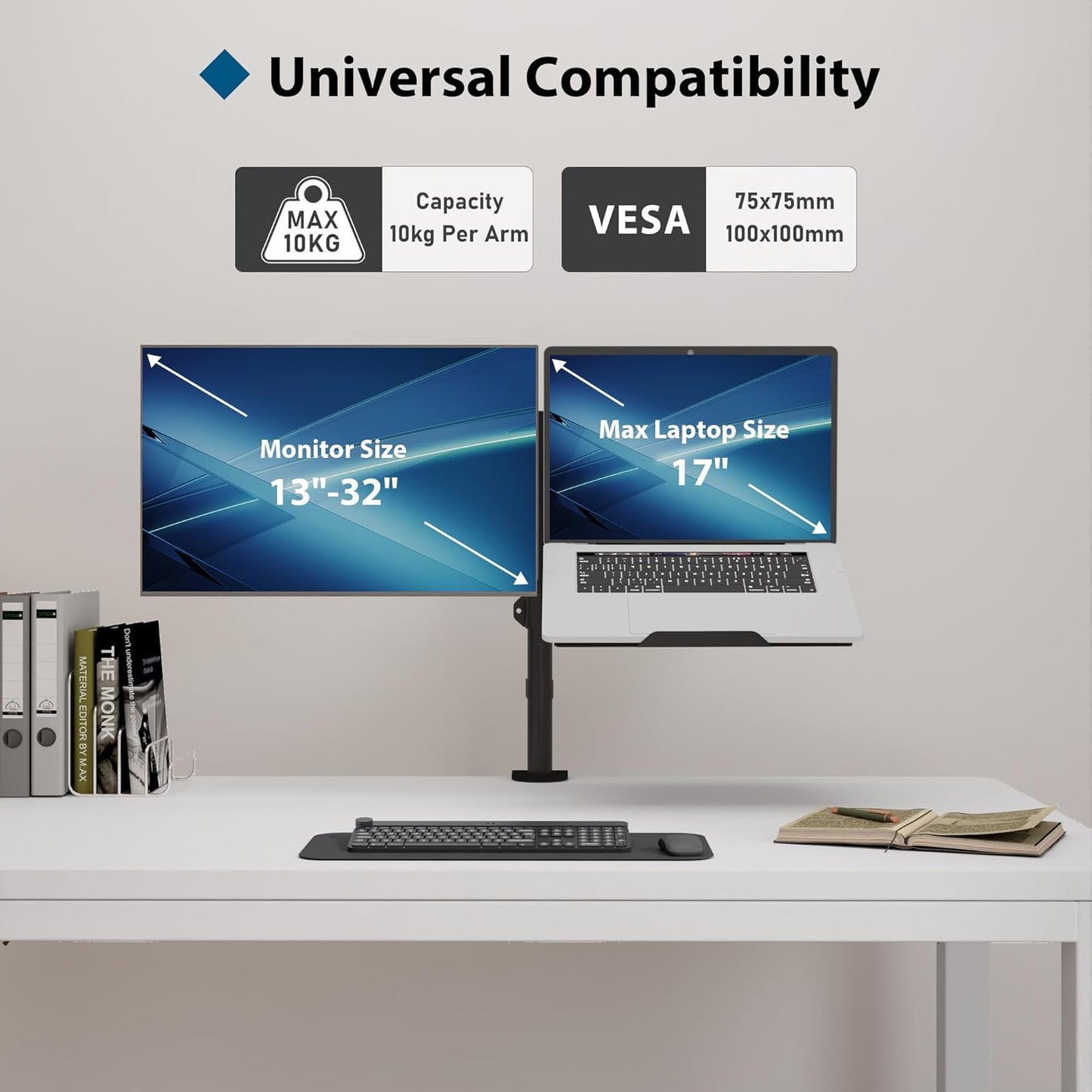 Suport de birou pentru monitor 13 ”-27” si laptop, cu inaltime reglabila, suporta 10 kg pe fiecare brat, prindere VESA 75 x 75 mm si 100 x 100 mm, negru