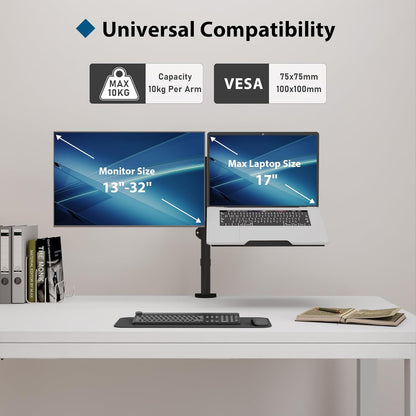 Suport de birou pentru monitor 13 ”-27” si laptop, cu inaltime reglabila, suporta 10 kg pe fiecare brat, prindere VESA 75 x 75 mm si 100 x 100 mm, negru