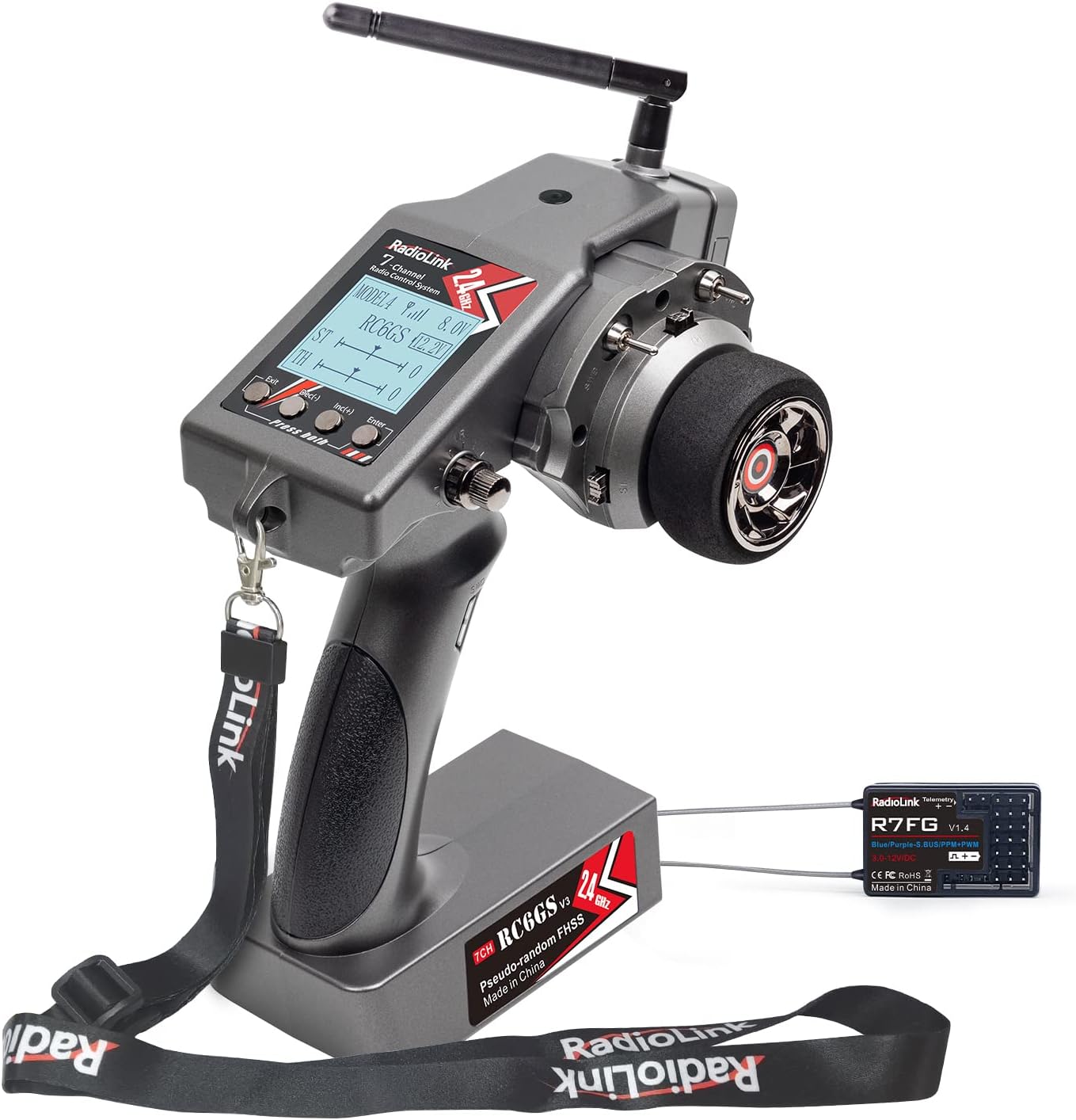 Set Radiocomanda cu 7 canale si receptor R7FG cu giroscop, telecomanda RC 2, 4 GHz, raza de actiune pana la 600 m, dual-rate, pentru masina RC, modele de barca, camion