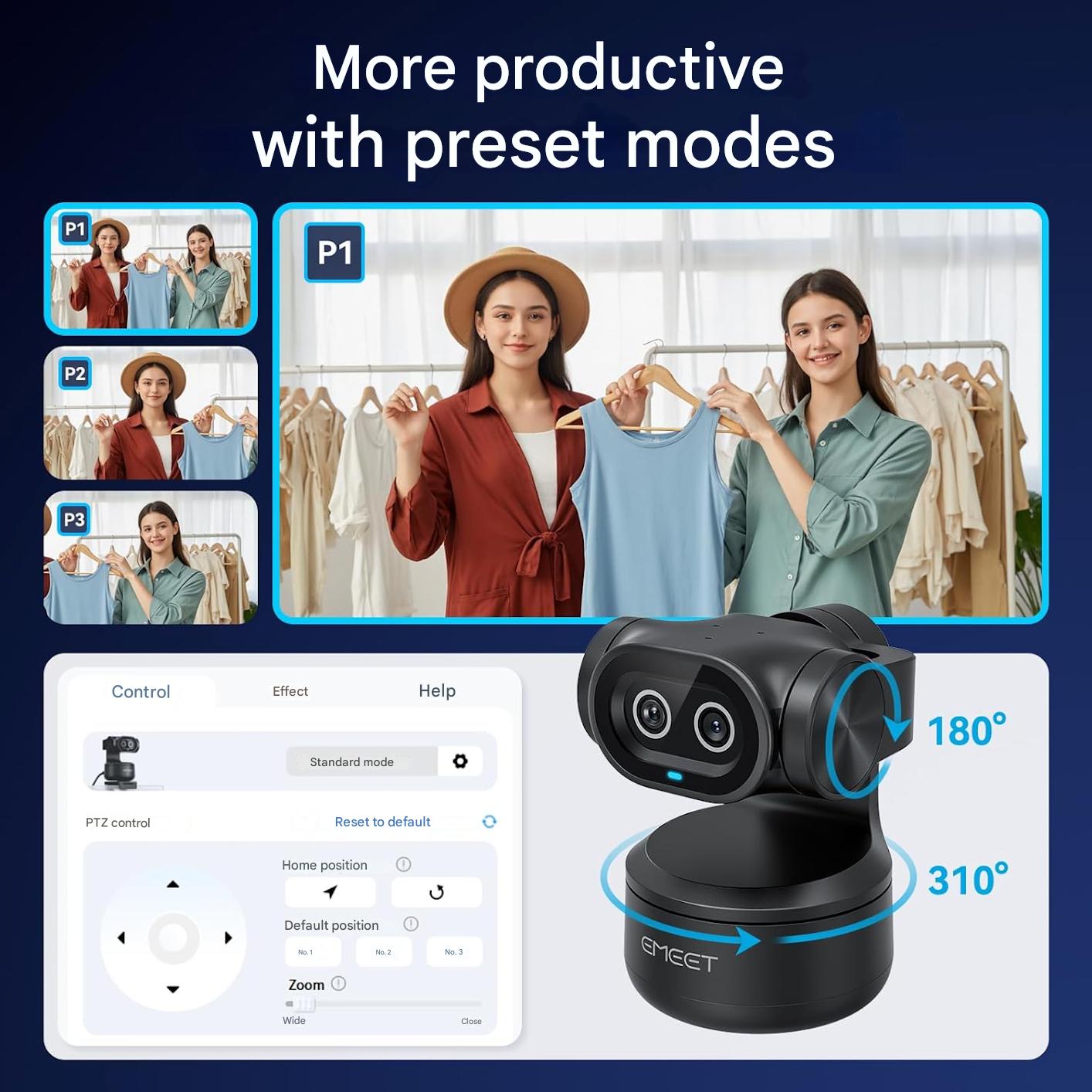 Camera web 4K EMEET PIXY Duala AI PTZ, autofocus 0.2s PDAF, 1080p, urmarire automata 310°, Senzor Sony, 3 microfoane noise canceling, control gesturi – Compatibila OBS/Twitch/Switch 2