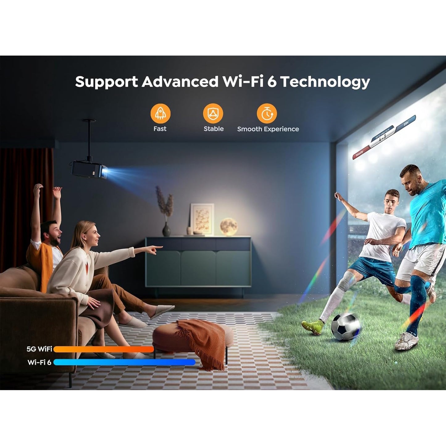 Videoproiector smart cu Android TV 11.0, WiFi 6, Bluetooth, 1000 ANSI, Dolby Audio, difuzoare JBL, 1080P Full HD, autofocus, corectie keystone automata 6D, compatibil Alexa si Screencast NFC, 17.000 lumeni