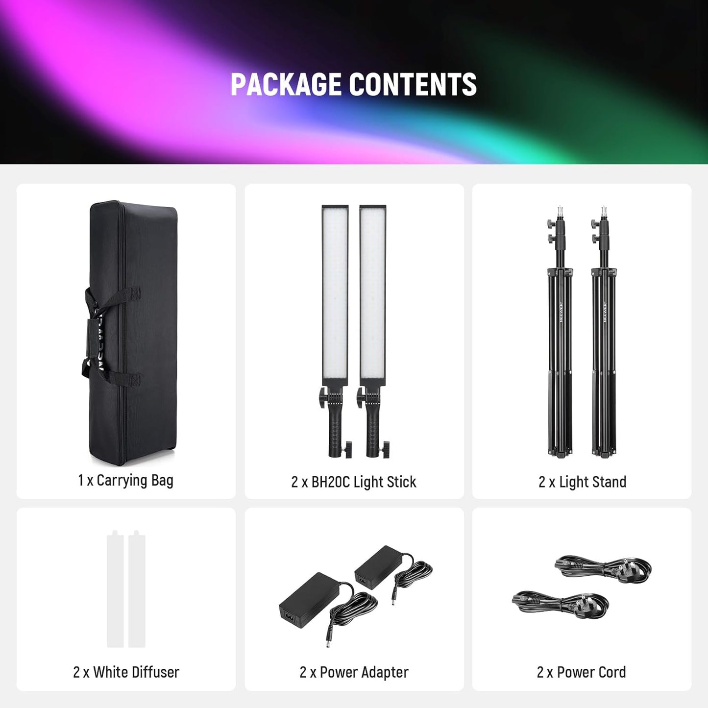 Kit lumina continua, 2 lumini studio LED RGB, lampa video CRI95+, 3250lux, dimabile 2500-10000K, control prin aplicatie, filtre difuzie, display LCD, alimentare duala, cu 2 buc trepied reglabil si geanta de depozitare si transport