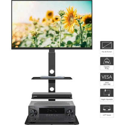 Suport TV, stand pentru televizor 30-70 inch plat si curbat, VESA 600 x 400 mm, greutate suportata 40 kg, inaltime reglabila, brat pivotant, rafturi din sticla, negru