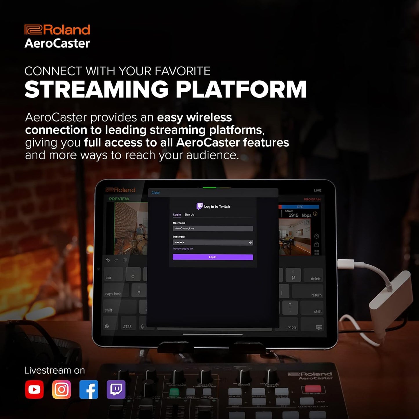 Sistem streaming live Roland AeroCaster VRC-01, sistem wireless multi-camera pentru transmisii video live, control hardware si interfata audio, compatibil iPad si smartphone, streaming YouTube/Facebook/Twitch, pana la 4 camere simultan, efecte tranzitie