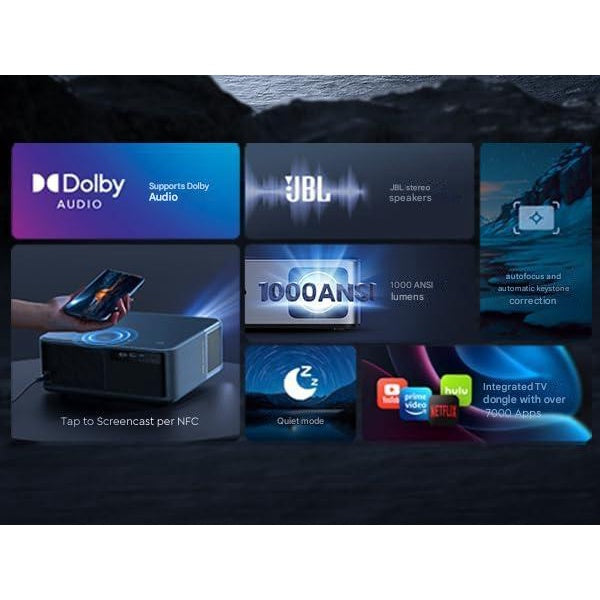 Videoproiector smart cu Android TV 11.0, WiFi 6, Bluetooth, 1000 ANSI, Dolby Audio, difuzoare JBL, 1080P Full HD, autofocus, corectie keystone automata 6D, compatibil Alexa si Screencast NFC, 17.000 lumeni