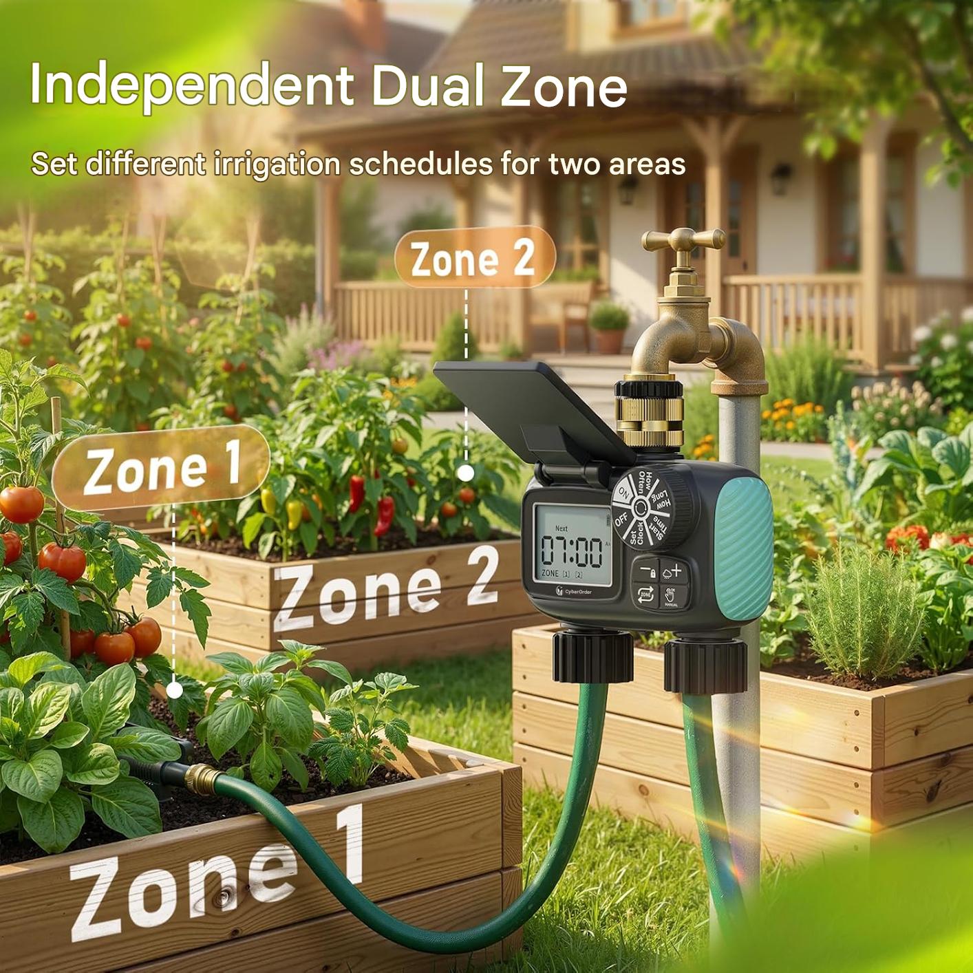 Computer de irigatii solar cu 2 zone, control automat si manual, functie intarziere la ploaie 24, 48, 72h, ecran LCD mare, incarcare solara si USB Tip C, rezistent IPX5, materiale durabile din alama si filtru metalic