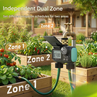 Computer de irigatii solar cu 2 zone, control automat si manual, functie intarziere la ploaie 24, 48, 72h, ecran LCD mare, incarcare solara si USB Tip C, rezistent IPX5, materiale durabile din alama si filtru metalic