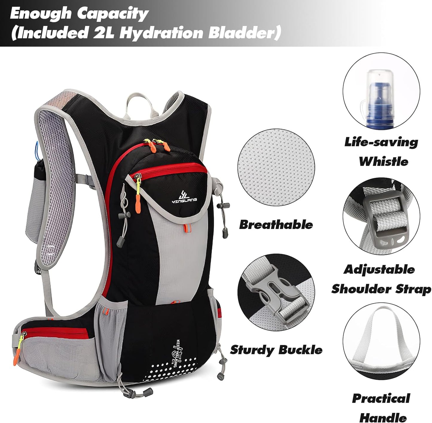 Rucsac de hidratare de 15 litri cu rezervor de apa de 2 litri, impermeabil, detalii reflectorizante, respirabil, multifunctional, pentru drumetii, alergare, ski, ciclism