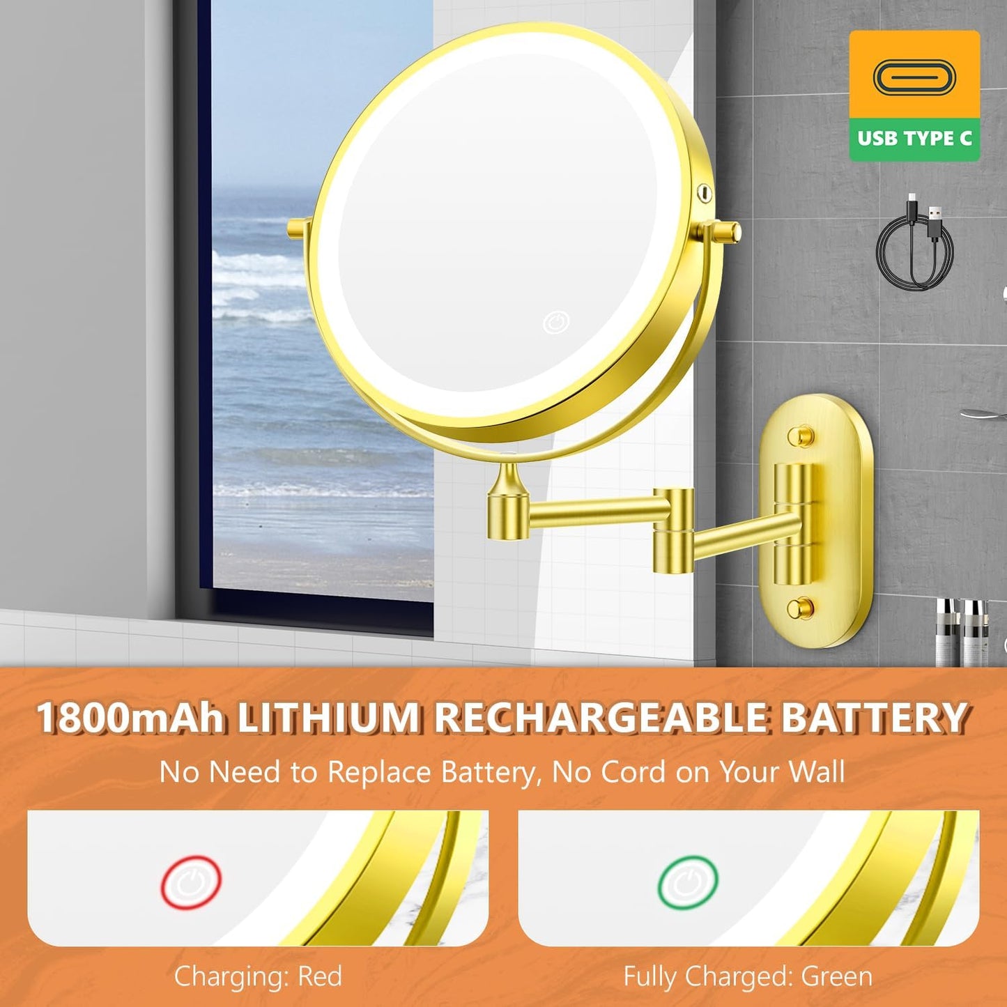 Oglinda cosmetica iluminata LED, marire 1X/20X, luminozitate reglabila, 3 moduri iluminare, reincarcabila, cu doua fete, buton tactil, rotativa 360°, aurie