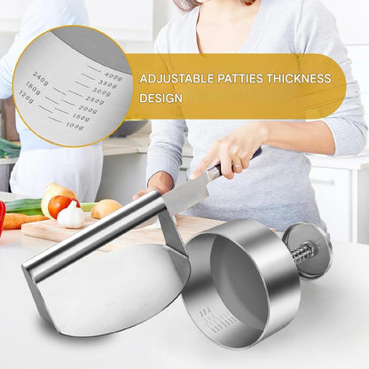 Set 2 presa burger din otel inoxidabil, de 14 cm, cu presa hamburger gradata reglabila, 100 buc hartie de silicon si 2 pensule, profesional, multifunctional