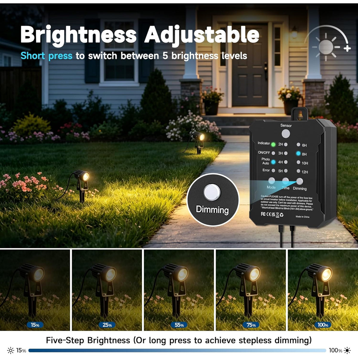 Set 6 proiectoare LED pentru gradina 3W, cablu 16.5m, transformator 24W cu senzor amurg-zori si temporizator, IP65 impermeabil, lumina alb cald 3000K, unghi 36°, cap reglabil 270°, iluminat exterior pentru alee, terasa, curte