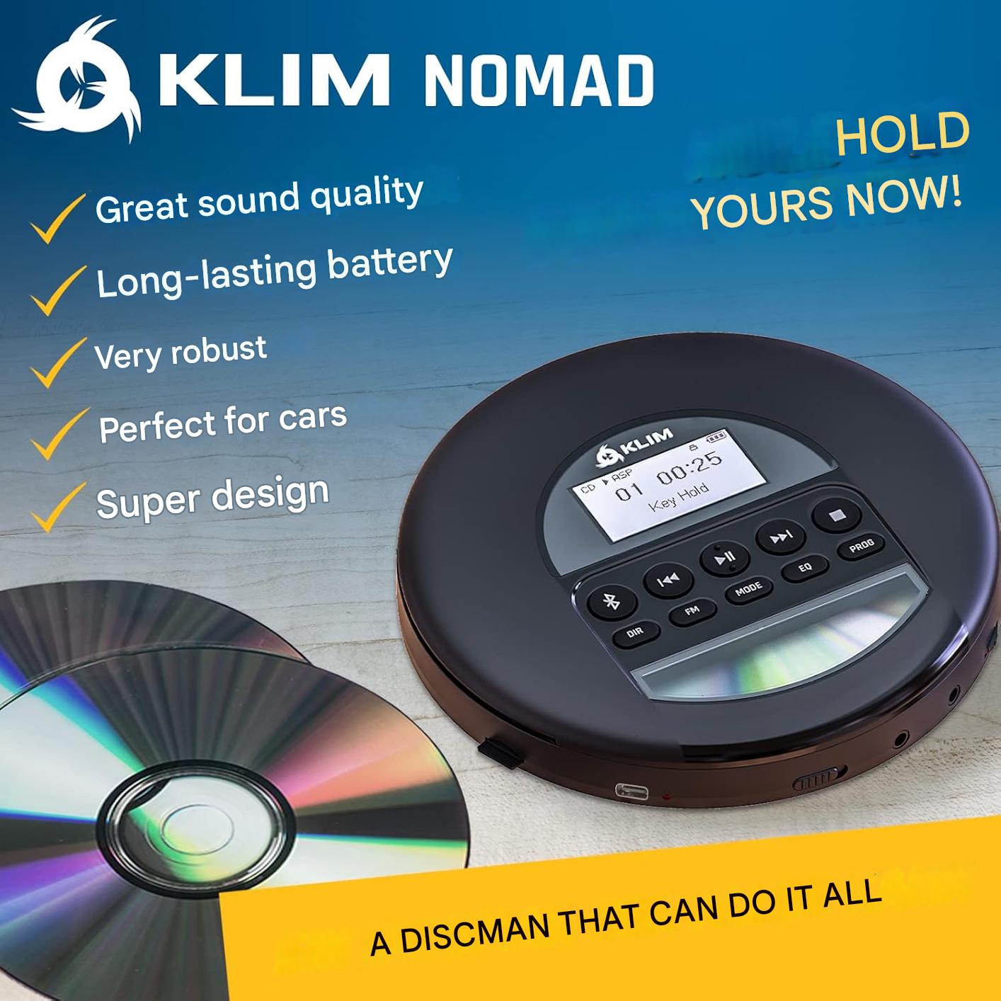 CD Player portabil KLIM Nomad Discman, Bluetooth, radio FM, MP3, cititor TF, baterie reincarcabila, casti Incluse, compatibil CD-R/CD-RW, AUX auto, negru